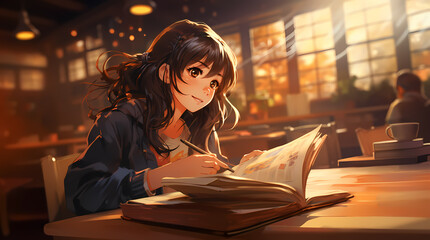 School scene anime girl reading a book at the cafeteria