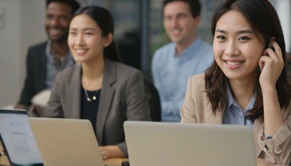 Asian office girl with a radiant smile working on her laptop computer, immersed in work in an office setting