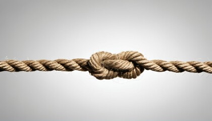 Stress concept - knot and frayed rope on the verge of breaking in the center, isolated on a white background with copy space and negative space