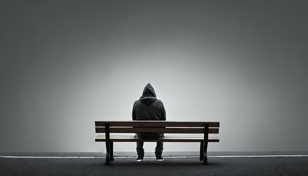 Anxiety and depression lonely solitary man in hoodie sitting on bench against empty dark grey background with copy space