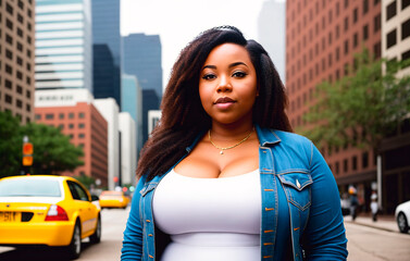 A curvy overweight African American woman poses on a city street.