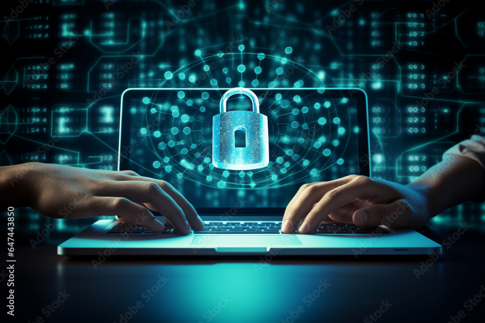 Aufkleber digital padlock in front of a laptop computer as concept for cyber security and data protection. hig