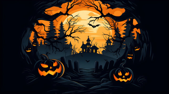 Halloween night background with pumpkins and castle - generative AI