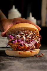 Delicious fried chicken style crispy chicken burger with bbq