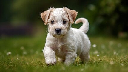 playful puppy on the lanw, grass field