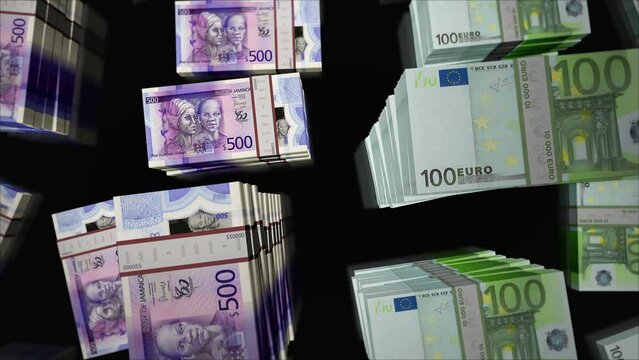 Euro and Jamaica Dollar money exchange. Paper banknotes pack bundle. Concept of trade, economy, competition, crisis, banking and finance. Notes loopable seamless 3d animation.