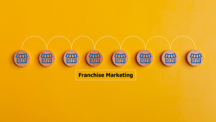 Service shop business planning strategy. Store network expansion structure. Wooden blocks with shop icons. design for business. Franchise business marketing system concept.