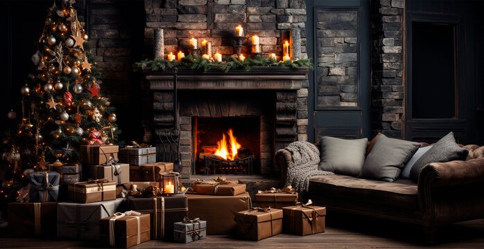 Festive Christmas interior of a house with a Christmas tree and New Year's gifts by the fireplace - AI generated image