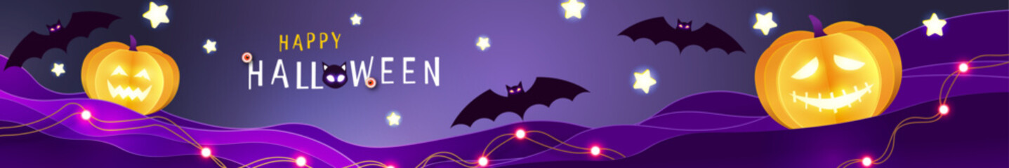 Happy Halloween event and party poster. Sweet pumpkins, led lights, stars  and bats among misty clouds at night time. Halloween web Sale design, background, poster, party invitation or greeting card