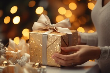 Christmas or New Year's gift box in female hands or woman's palms. Merry christmas and happy new year concept.
