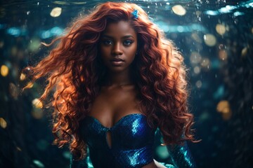 Fantasy Mermaid, Stunning Ebony Siren with Fiery Red Tresses