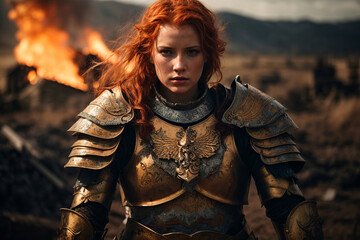 Obraz premium Fantasy Warrior, Fierce Redhead in the Midst of a Fiery Clash