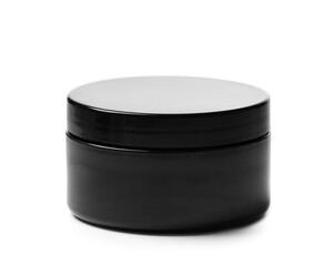 Dark jar for cosmetic products for skin and hair care, packaging for cream, gel, mask on a white background.