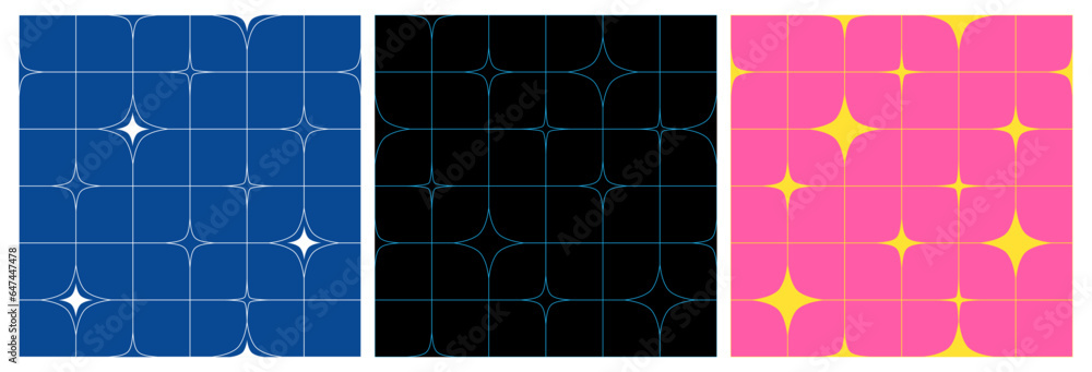 Aufkleber Y2k Seamless Patterns with Lines and Star Shapes. Abstract Vector Geometric Background. Minimalist Sparkling Graphic