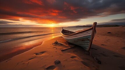 Capsized boat on a desolate beach at sunset.