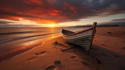 Rolgordijnen Capsized boat on a desolate beach at sunset. © OKAN