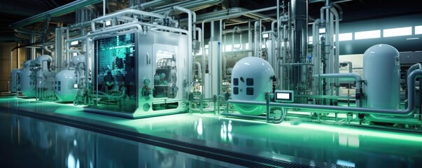 Ethanol biofuel production line displaying futuristic machinery, where workers in safety gears are monitoring the production process, clearly indicating the involvement of green fuel.