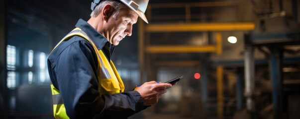 A man wearing a safety hat in a factory setting audibly alarmed at the level of carbon emissions readout displayed on a handheld device.
