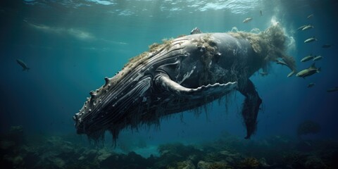 Obraz premium Underwater view of a whale falling to the seabed after it dies. When this happens, it transfers a huge amount of carbon to the ocean depths.