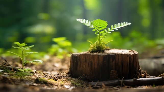 A rejuvenating sight of a young sapling growing out of a tree stump, signifying natures resilient response to deforestation and its tireless efforts in carbon sequestration.