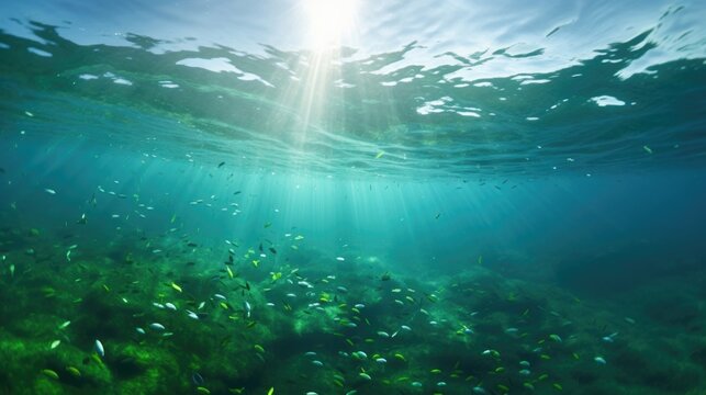 A wideangle view of the open ocean on a cloudy day, teeming with various species of phytoplankton that contribute to the carbon cycle by photosynthesizing.