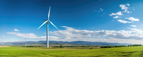 A shot of a robust windmill amidst a green field, symbolizing renewable energy combating carbon emissions.