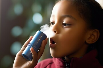 Closeup of an asthma inhaler held by a child, depicting the increase in respiratory conditions due to poor air quality from carbon emissions. - obrazy, fototapety, plakaty