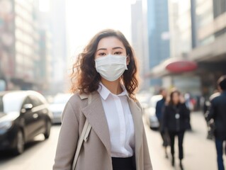 A woman wearing a surgical mask in a bustling city as a shield against polluted air, highlighting the issue of air pollution and health.