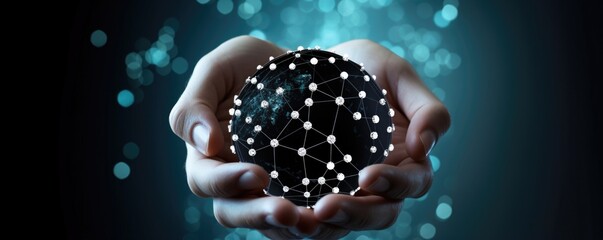 Gloved hands holding a globe filled with carbon atoms, depicting the global presence of carbon and its effect on health.