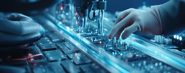 A closeup view of gloved hands using hightech instruments to precisely configure industrial machinery for low carbon emissions.