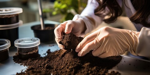 Close up of a scientist studying a sample of soil, a significant carbon store. - obrazy, fototapety, plakaty