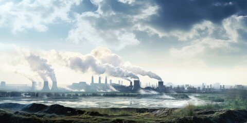 A panorama displaying a power plant with smoking chimneys the epitome of carbon dioxide production.