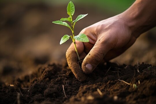 A closeup of a mans hand planting a tiny seedling, representing reforestation efforts as an effective carbon reduction strategy.