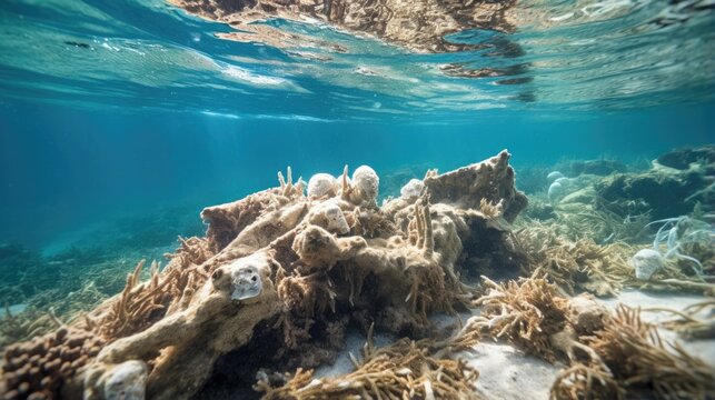 A closeup view of dead corals in the ocean due to ocean acidification.