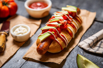 Hot dogs especiales, con pulled pork, bacon, queso fundido, ensalada de col, pepinillo encurtido, cebolla roja, aguacate, ketchup, mayones, salsa picante, coleslaw, sobre pizarra negra y con decoració