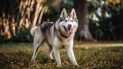 playful husky on a lawn, grass field