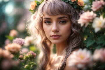 Naklejka premium Fantasy Fairy Elf, Whimsical Woodland Nymph Surrounded by Blooms