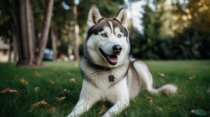 playful husky on a lawn, grass field
