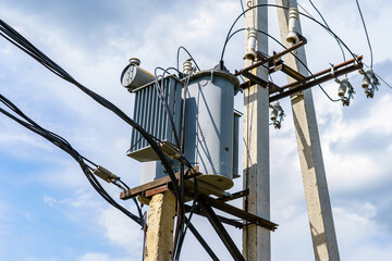 Pole transformer. Background with selective focus and copy space