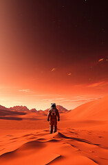 Fototapeta premium Astronaut walks on the surface of a red planet ai generated
