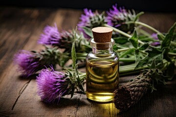 Obraz na płótnie Canvas Beneficial Burdock essential oil. Spa floral organic. Generate Ai