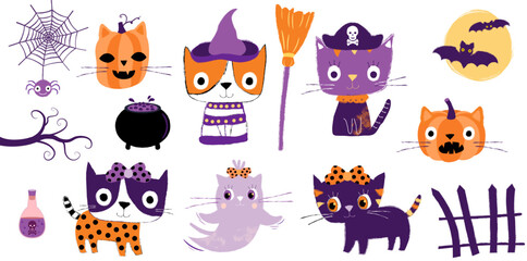 Vector set with cute Halloween cats, pumpkins, ghost, spider and bats, funny design elements for holiday invitation, greeting cards, banners and posters - 647448618