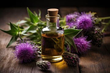 Obraz na płótnie Canvas Natural Burdock essential oil. Spa floral organic. Generate Ai
