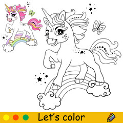Cartoon unicorn jumping on the rainbow coloring vector