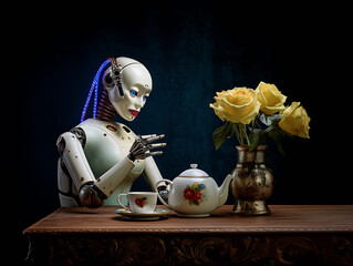 Feminine Robot Prepares Tea with Romantic Yellow Roses, Isolated on Black Background, Cyber Sci Fi Robotic Woman on Fancy Date