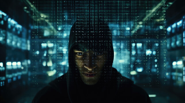 A hidden underground hackers lair, illuminated by screens displaying lines of code and encrypted data streams. Our detective interfaces with the chaotic digital world using a neural jack