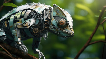 A cybernetic chameleon perched on a tree branch, its skin fitted with nanotech camouflage, allowing it to blend seamlessly into any environment.