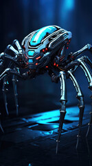 Fototapeta premium A cybernetic spider with rotating mechanical legs, each tip equipped with venomous injection systems for both defense and subduing targets.