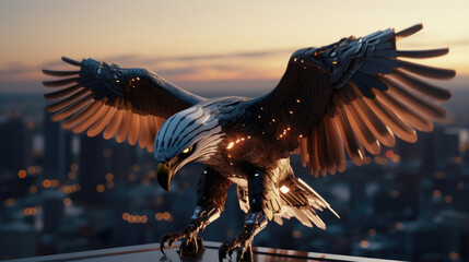 A cybernetic eagle soaring across the skyline, its eyes fitted with advanced telescopic lenses, providing an unprecedented zoom level for surveillance purposes.