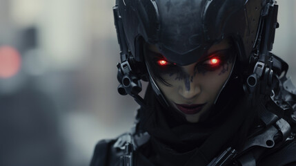 Emblazoned on its armor, a symbol representing anarchy and rebellion signifies the cyborgs role as a rogue operative amidst a dystopian and oppressive society.